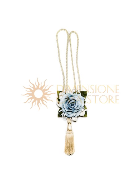 Cordone per tendaggio con nappa e decorazione floreale, azzurro polvere