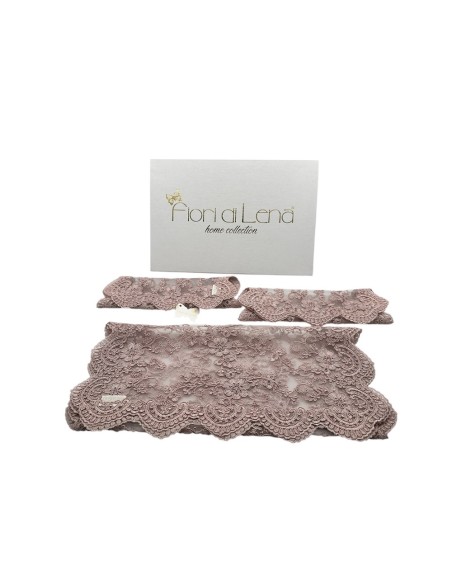 Fiori di Lena - Tris runner + 2 centri in pizzo rosa con scatola