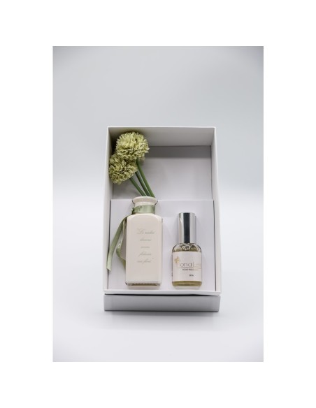 Fiori di Lena - Bottiglina con scritta e dalie con profumo spray Seta 30 ml in scatola regalo