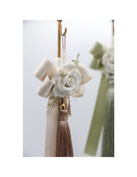 Fiori di Lena - Nappina cognac con nastri , nebbiolina e fiore in ceramica