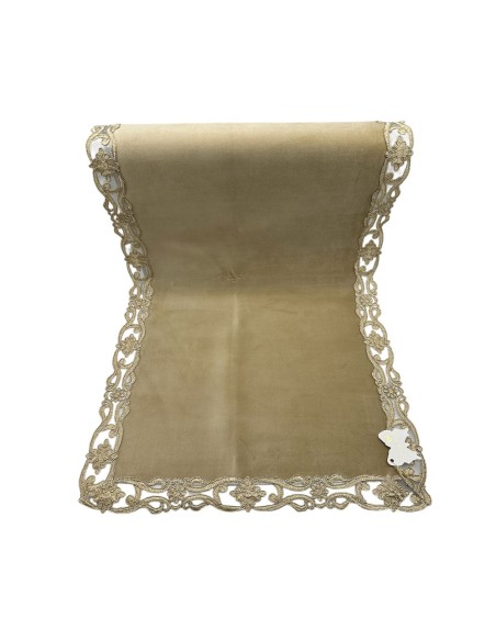 Fiori di Lena - Runner in velluto nocciola con pizzo oro cm 140X40