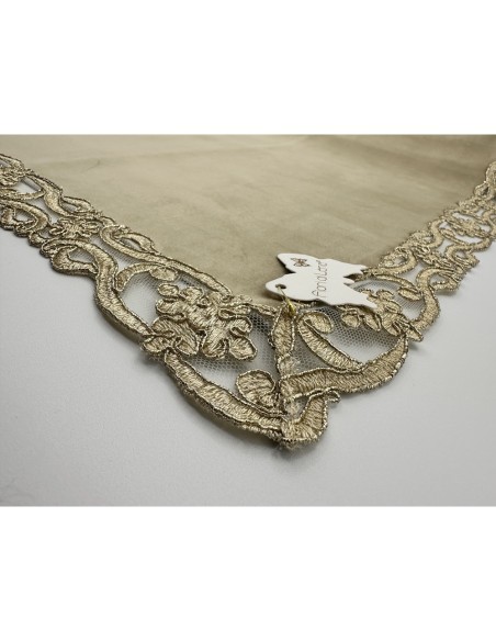 Fiori di Lena - Runner in velluto nocciola con pizzo oro cm 140X40