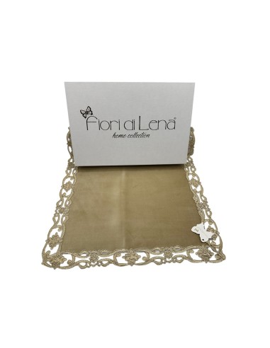 Fiori di Lena - Runner in velluto nocciola con pizzo oro cm 140X40