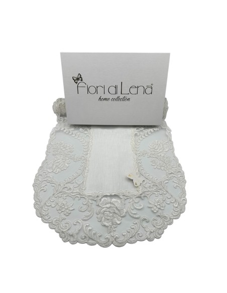 Fiori di Lena - Runner ovale in lino avorio con pizzo fregio e rose cm 140X45