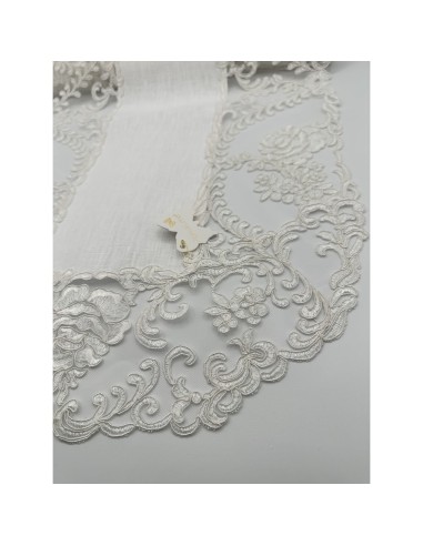 Fiori di Lena - Runner ovale in lino avorio con pizzo fregio e rose cm 140X45