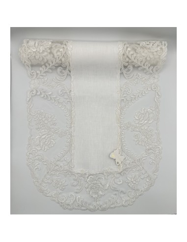 Fiori di Lena - Runner ovale in lino avorio con pizzo fregio e rose cm 140X45