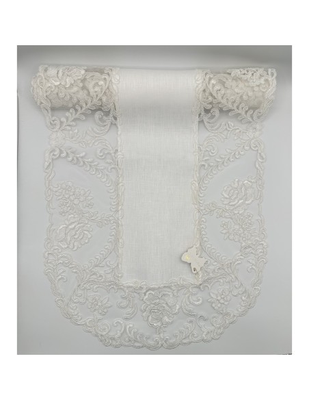 Fiori di Lena - Runner ovale in lino avorio con pizzo fregio e rose cm 140X45