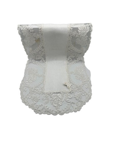 Fiori di Lena - Runner ovale in lino avorio con pizzo fregio e rose cm 140X45