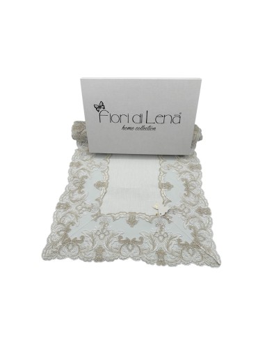 Fiori di Lena - Runner in lino bianco latte con pizzo fregio basso nocciola cm 135X40