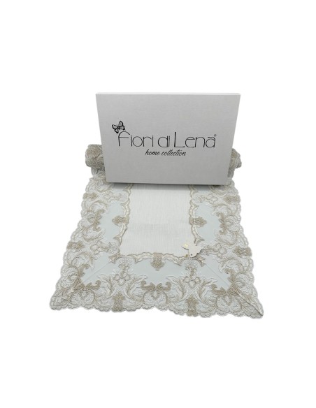 Fiori di Lena - Runner in lino bianco latte con pizzo fregio basso nocciola cm 135X40