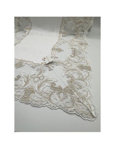 Fiori di Lena - Runner in lino bianco latte con pizzo fregio basso nocciola cm 135X40