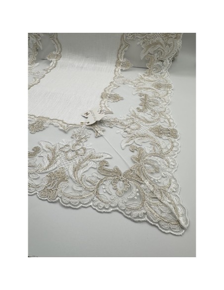 Fiori di Lena - Runner in lino bianco latte con pizzo fregio basso nocciola cm 135X40