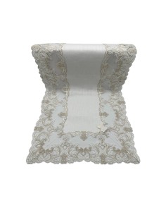 Fiori di Lena - Runner in lino bianco latte con pizzo fregio basso nocciola cm 135X40