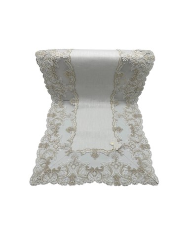 Fiori di Lena - Runner in lino bianco latte con pizzo fregio basso nocciola cm 135X40