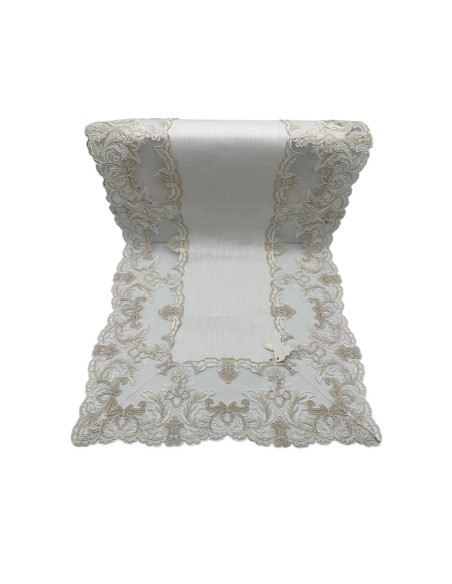 Fiori di Lena - Runner in lino bianco latte con pizzo fregio basso nocciola cm 135X40