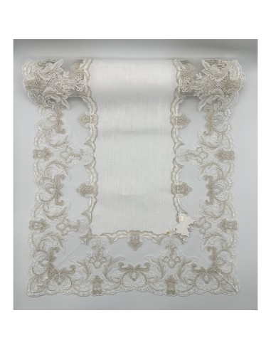 Fiori di Lena - Runner in lino bianco latte con pizzo fregio basso nocciola cm 135X40