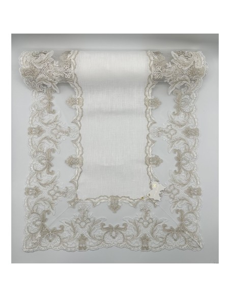 Fiori di Lena - Runner in lino bianco latte con pizzo fregio basso nocciola cm 135X40