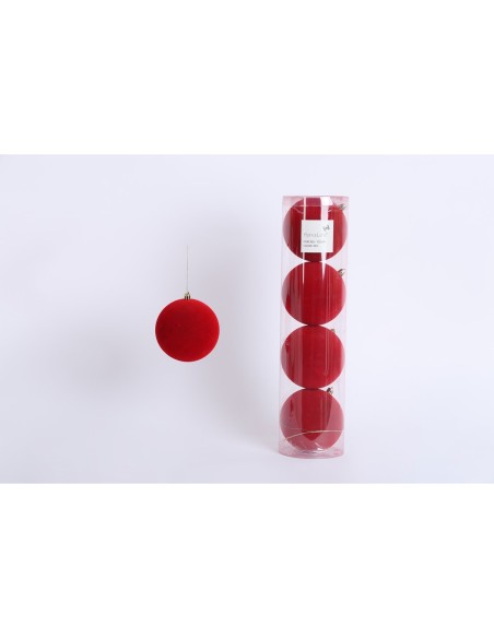 Fiori di Lena - Confezione 4 sfere di plastica effetto velluto d 10 cm  - rosso
