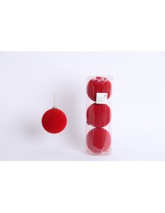 Fiori di Lena - Confezione 3 sfere di plastica effetto velluto d 12 cm  - rosso