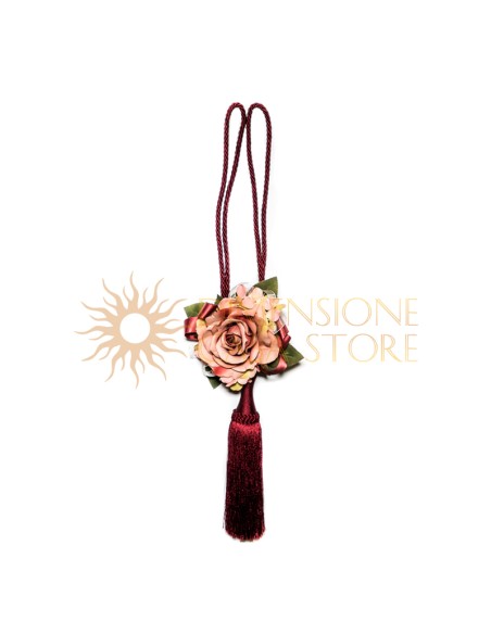 Cordone per tendaggio con nappa e decorazione floreale, amaranto
