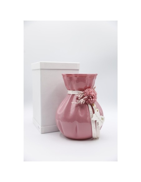 Fiori di Lena - Vaso in vetro colorato h 18 cm con dalia, nebbiolina e scatola