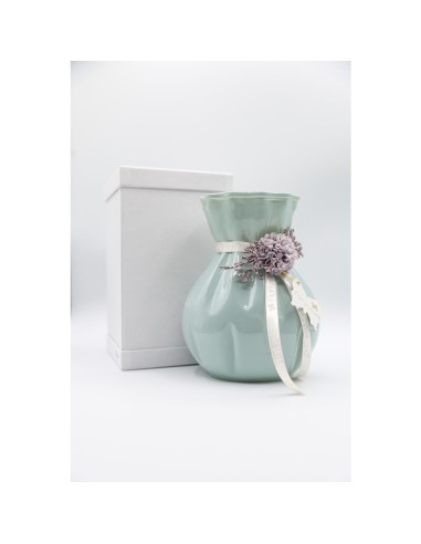 Fiori di Lena - Vaso in vetro colorato h 18 cm con dalia, nebbiolina e scatola