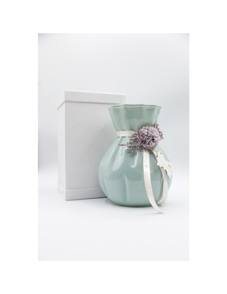 Fiori di Lena - Vaso in vetro colorato h 18 cm con dalia, nebbiolina e scatola