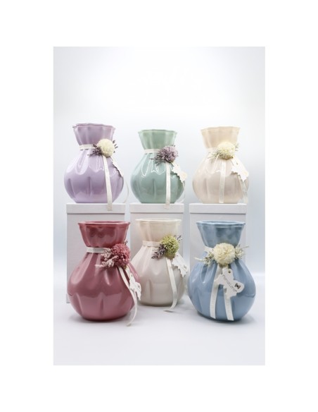 Fiori di Lena - Vaso in vetro colorato h 18 cm con dalia, nebbiolina e scatola