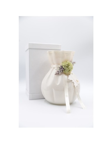 Fiori di Lena - Vaso in vetro colorato h 18 cm con dalia, nebbiolina e scatola