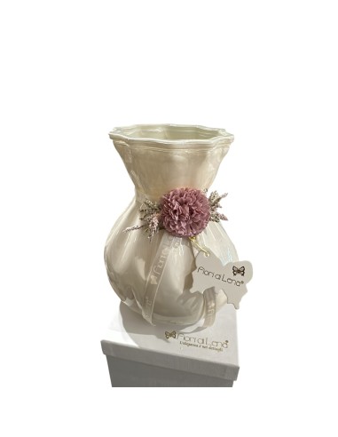 Fiori di Lena - Vaso in vetro avorio h 18 cm con dalia amaranto, nebbiolina e scatola