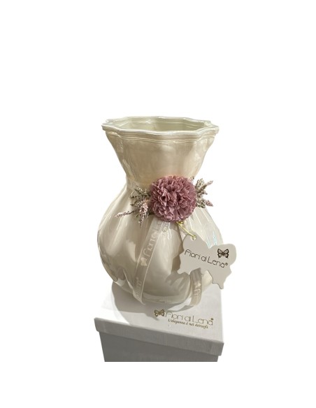 Fiori di Lena - Vaso in vetro avorio h 18 cm con dalia amaranto, nebbiolina e scatola