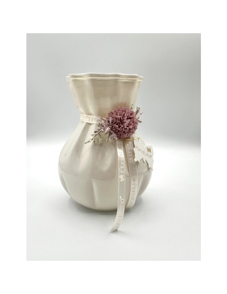 Fiori di Lena - Vaso in vetro avorio h 18 cm con dalia amaranto, nebbiolina e scatola