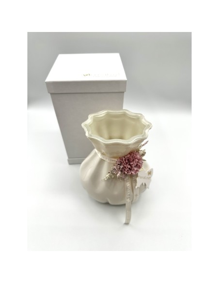 Fiori di Lena - Vaso in vetro avorio h 18 cm con dalia amaranto, nebbiolina e scatola