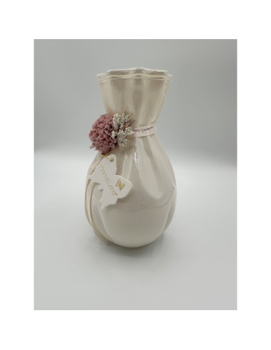 Fiori di Lena - Vaso in vetro avorio h 18 cm con dalia amaranto, nebbiolina e scatola