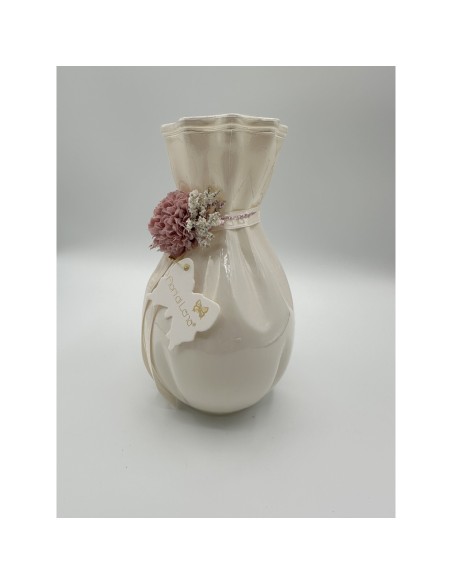 Fiori di Lena - Vaso in vetro avorio h 18 cm con dalia amaranto, nebbiolina e scatola