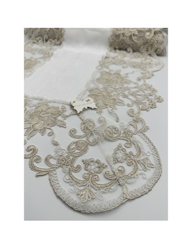 Fiori di Lena - Runner in lino panna con pizzo oro cm 140X50