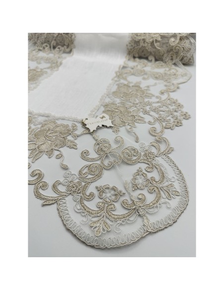 Fiori di Lena - Runner in lino panna con pizzo oro cm 140X50