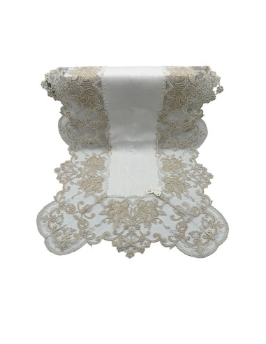 Fiori di Lena - Runner in lino panna con pizzo oro cm 140X50