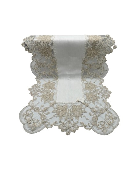 Fiori di Lena - Runner in lino panna con pizzo oro cm 140X50