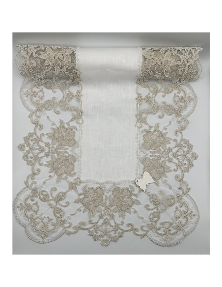 Fiori di Lena - Runner in lino panna con pizzo oro cm 140X50