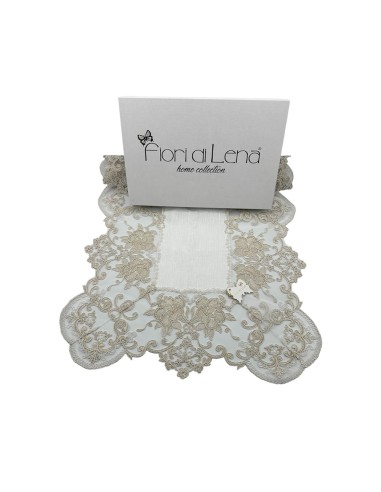 Fiori di Lena - Runner in lino panna con pizzo oro cm 140X50