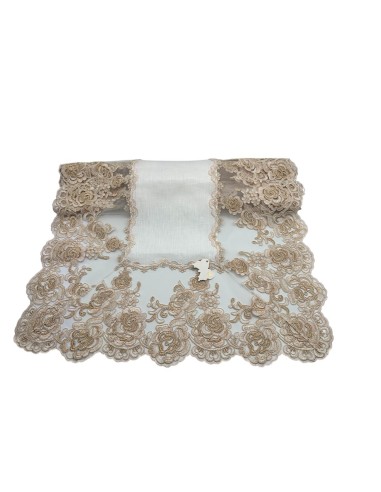 Fiori di Lena - Runner in lino avorio e pizzo pesco cm 150X55