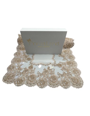 Fiori di Lena - Runner in lino avorio e pizzo pesco cm 150X55