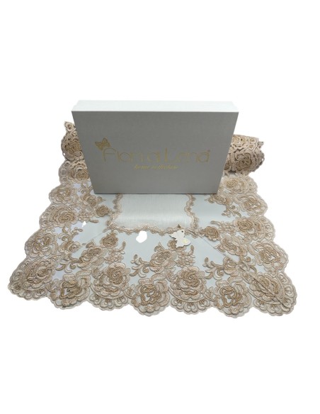 Fiori di Lena - Runner in lino avorio e pizzo pesco cm 150X55