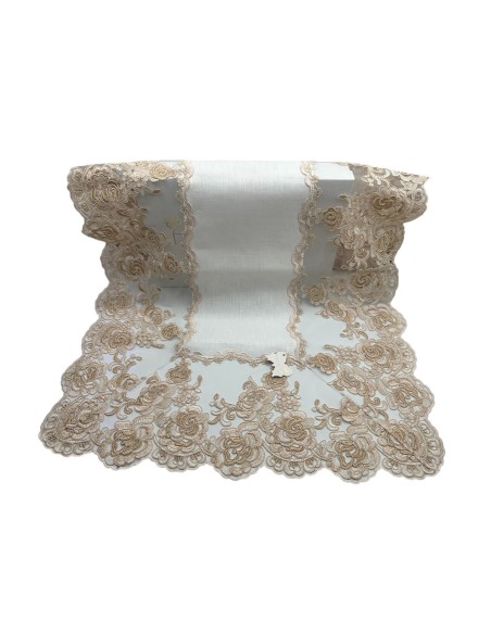 Fiori di Lena - Runner in lino avorio e pizzo pesco cm 150X55