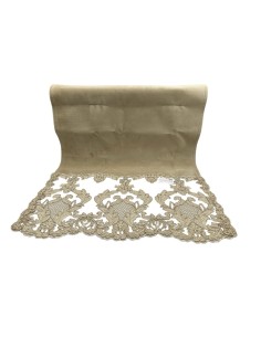 Fiori di Lena - Centro in velluto nocciola con pizzo Impero oro alle basi cm 160X47