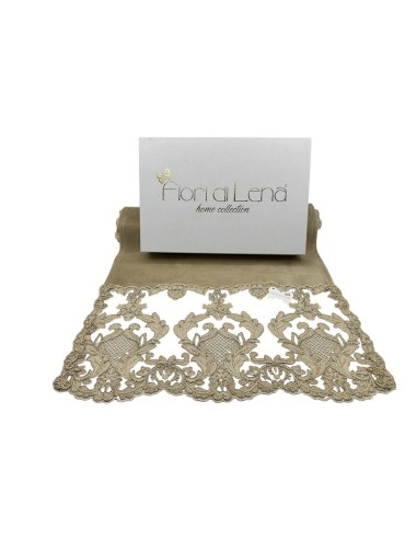 Fiori di Lena - Centro in velluto nocciola con pizzo Impero oro alle basi cm 160X47