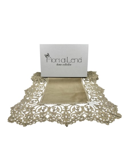 Fiori di Lena - Runner in velluto nocciola con pizzo oro cm 140X48