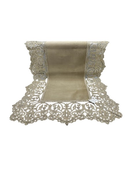 Fiori di Lena - Runner in velluto nocciola con pizzo oro cm 140X48