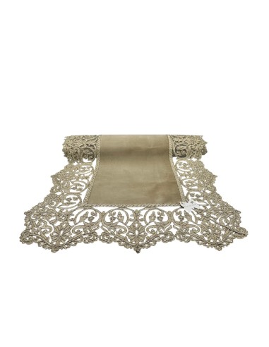Fiori di Lena - Runner in velluto nocciola con pizzo oro cm 140X48